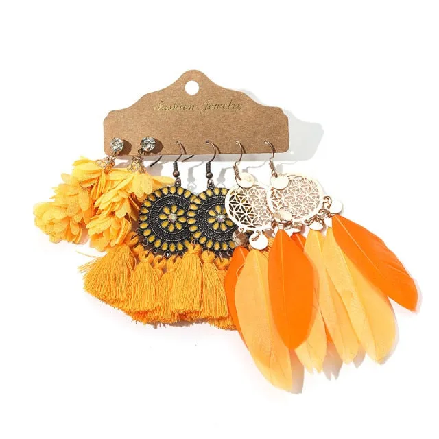 Ethnic Sundry Color Feather Tassel Earrings