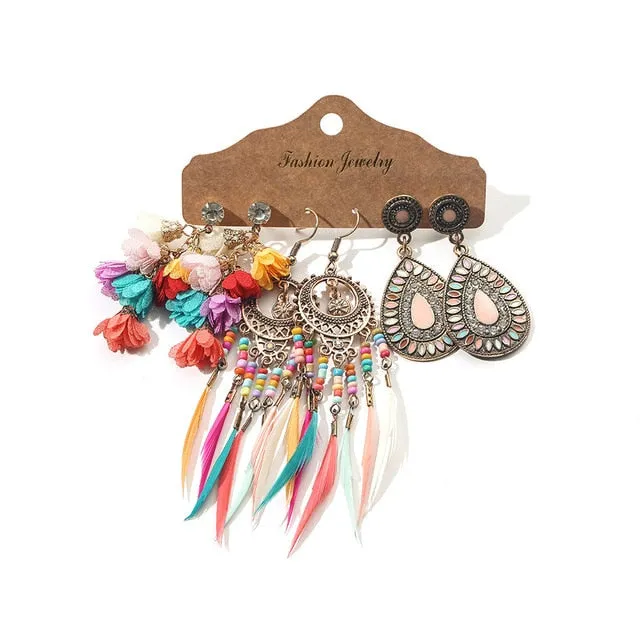 Ethnic Sundry Color Feather Tassel Earrings