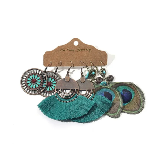 Ethnic Sundry Color Feather Tassel Earrings