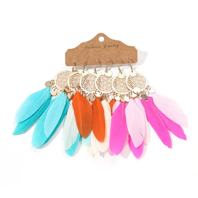 Ethnic Sundry Color Feather Tassel Earrings