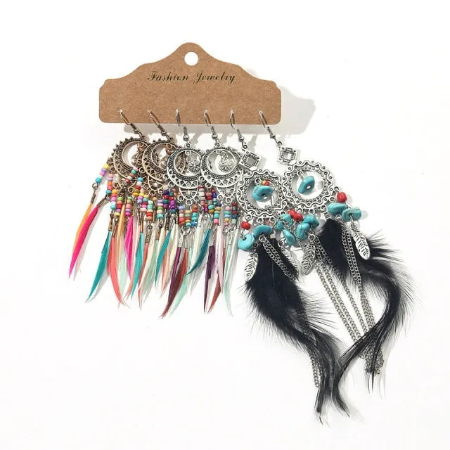 Ethnic Sundry Color Feather Tassel Earrings