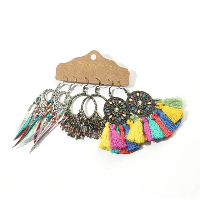 Ethnic Sundry Color Feather Tassel Earrings