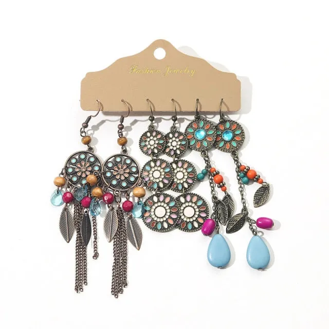 Ethnic Sundry Color Feather Tassel Earrings