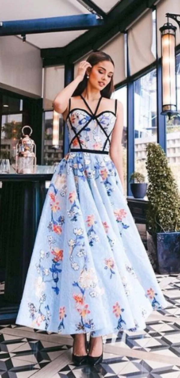 Fashion Blue Floral Prints Criss-cross Prom Dresses,PD00171