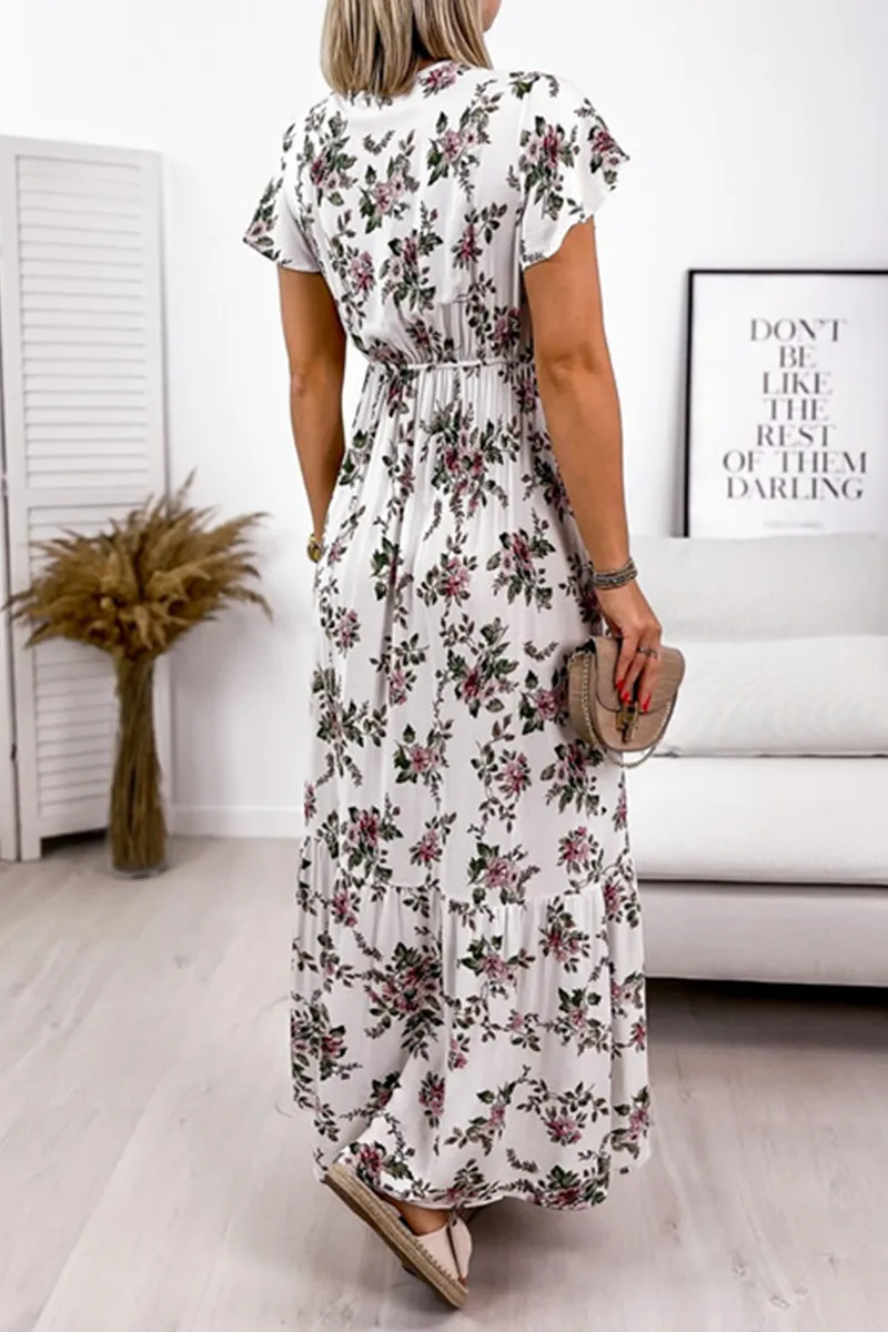 Fashion Elegant Floral Split Joint Flounce V Neck A Line Dresses