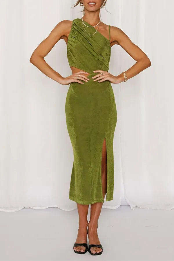 Fashion Elegant Solid Hollowed Out Slit Oblique Collar Pencil Skirt Dresses(5 Colors)