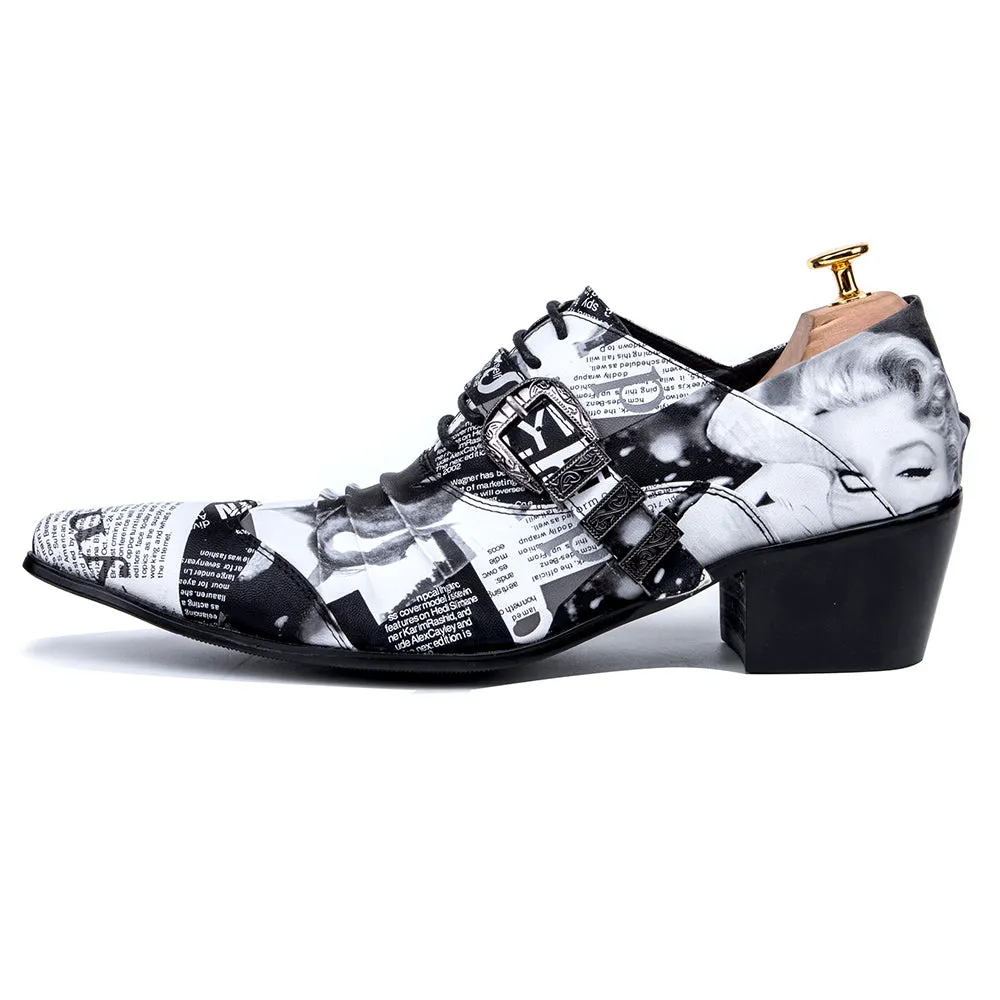 Fashion Newspaper Print Men Oxford Shoes Buckle Pointed Toe Men Brogue Shoes Wedding Dress Shoes Big Size