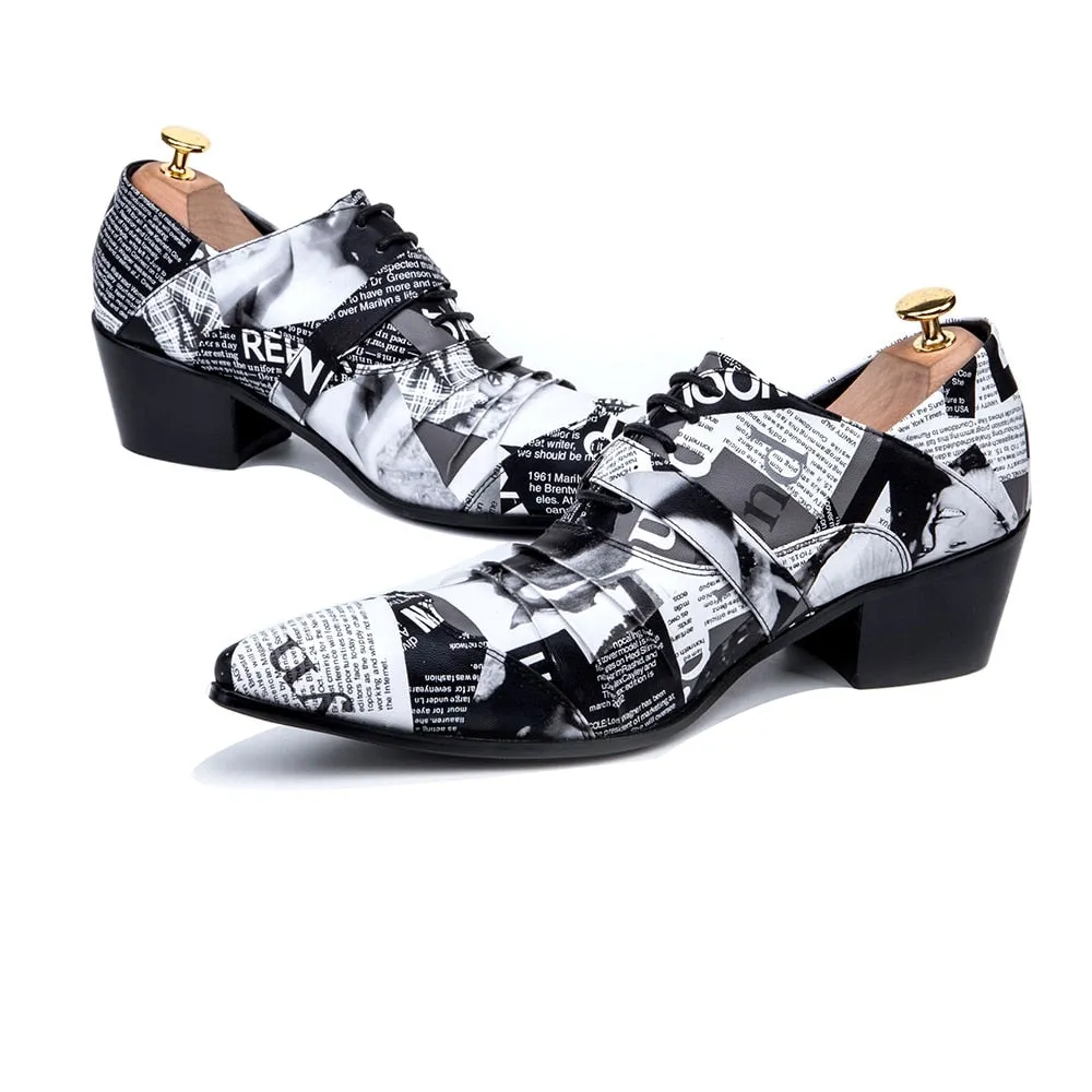 Fashion Newspaper Print Men Oxford Shoes Buckle Pointed Toe Men Brogue Shoes Wedding Dress Shoes Big Size