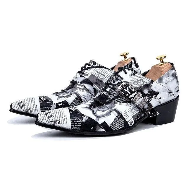 Fashion Newspaper Print Men Oxford Shoes Buckle Pointed Toe Men Brogue Shoes Wedding Dress Shoes Big Size