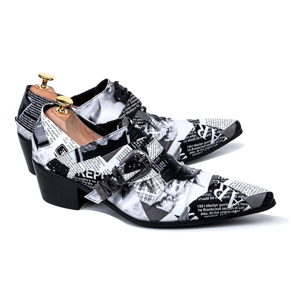 Fashion Newspaper Print Men Oxford Shoes Buckle Pointed Toe Men Brogue Shoes Wedding Dress Shoes Big Size