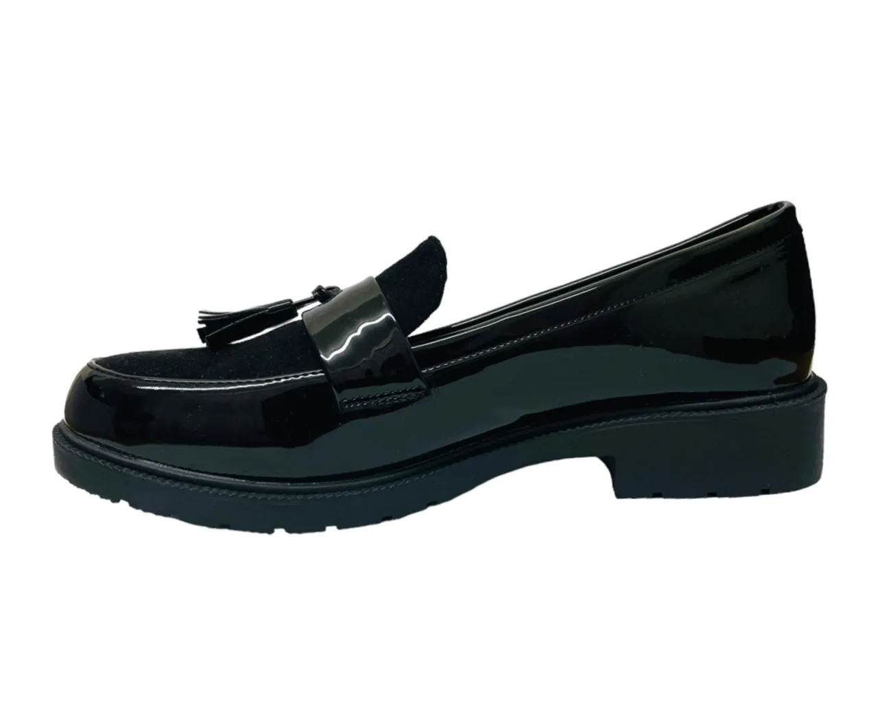 Faux Patent Leather Tassel Slip On Shoes