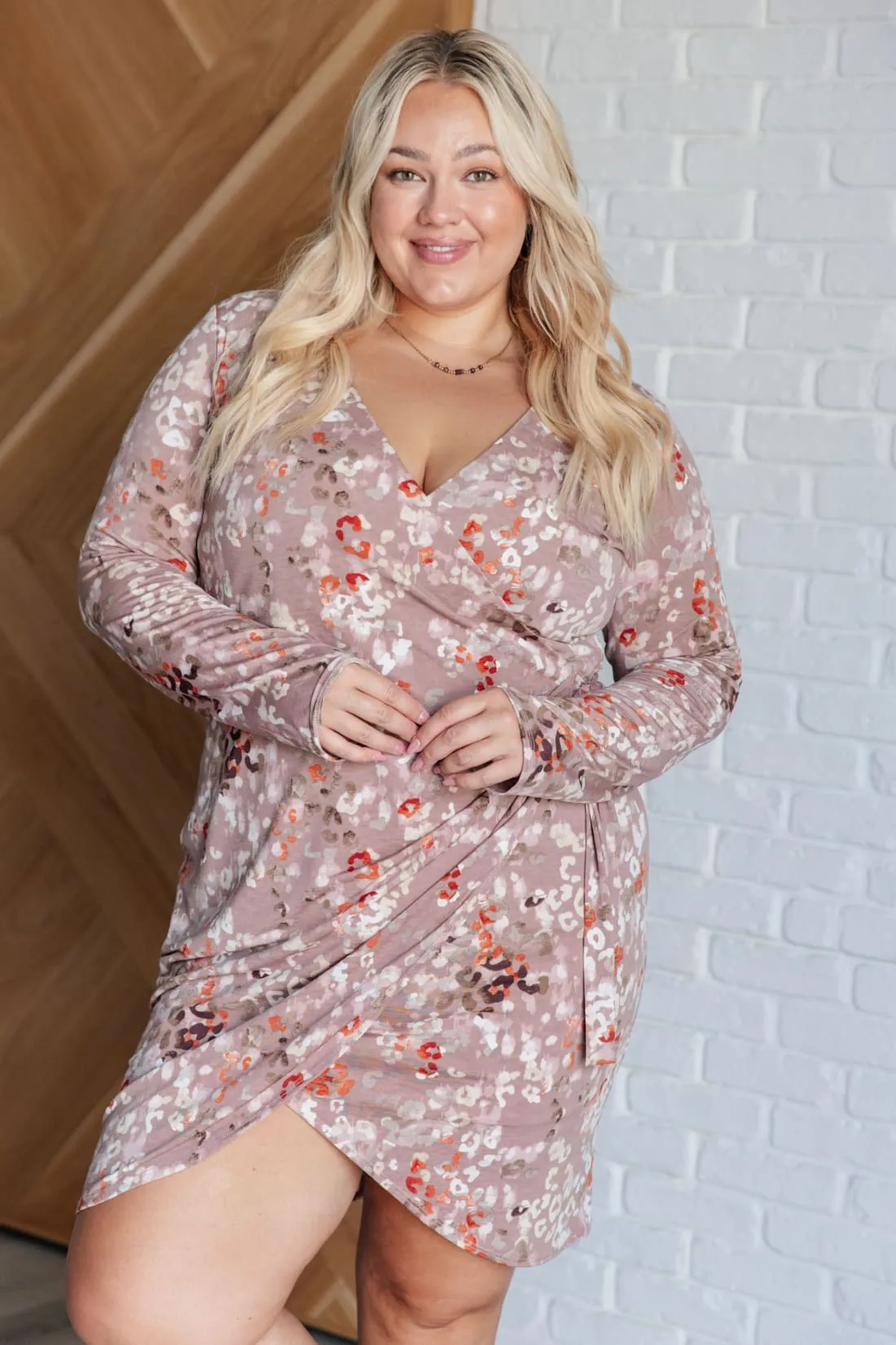 Faux Wrap Dress in Taupe Floral