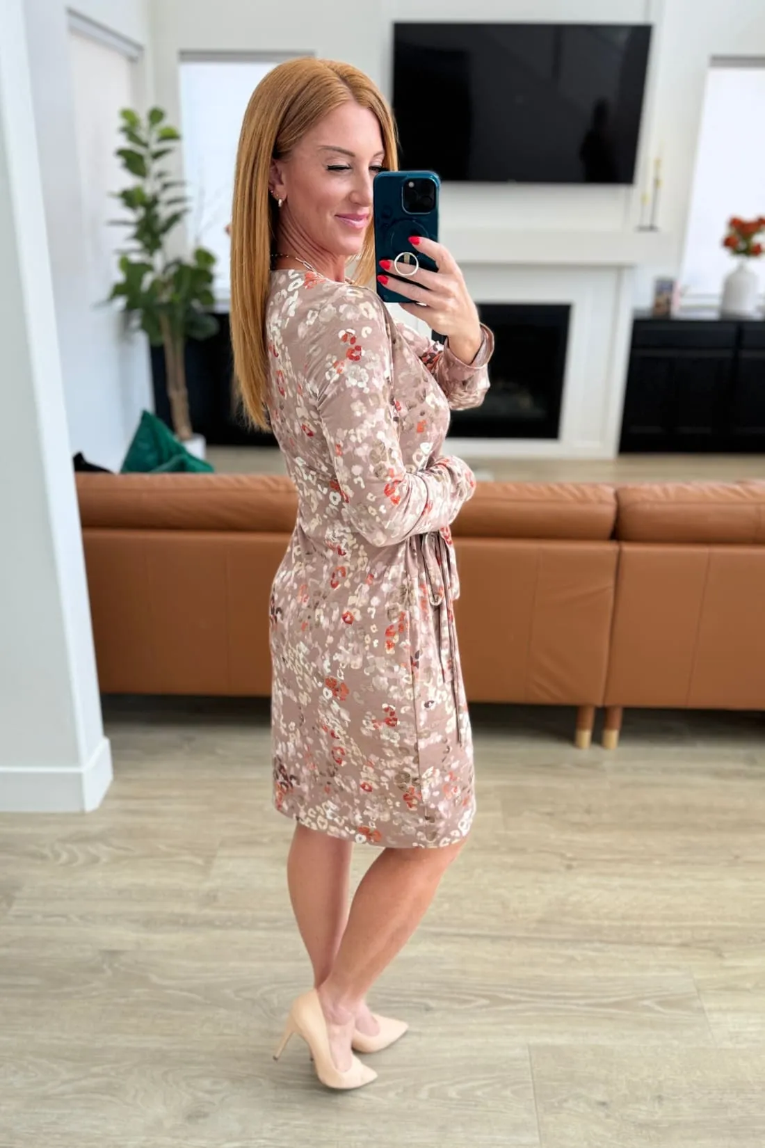 Faux Wrap Dress in Taupe Floral