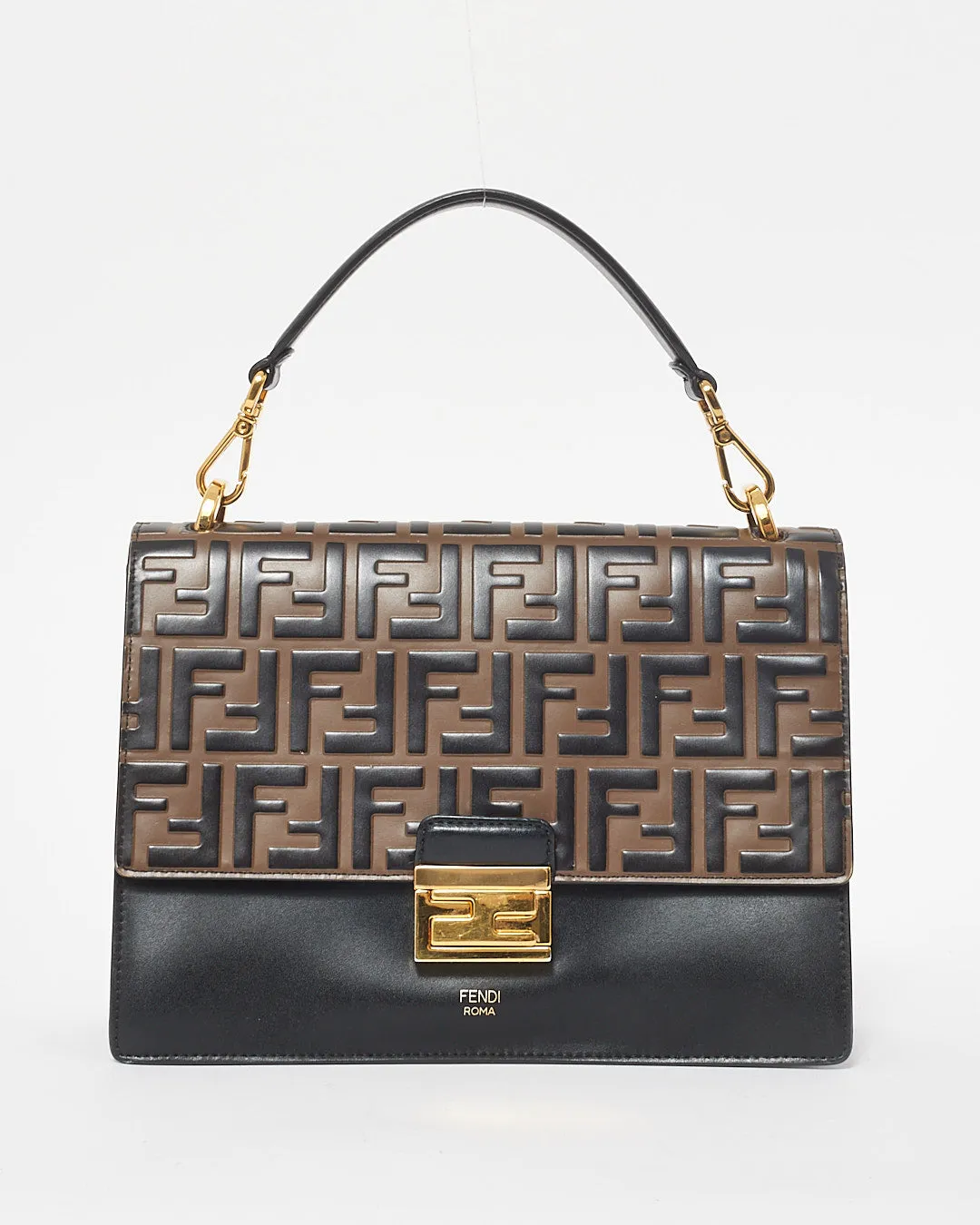 Fendi Brown and Black Zucca Embossed Leather Chain Strap Medium Kan U Bag