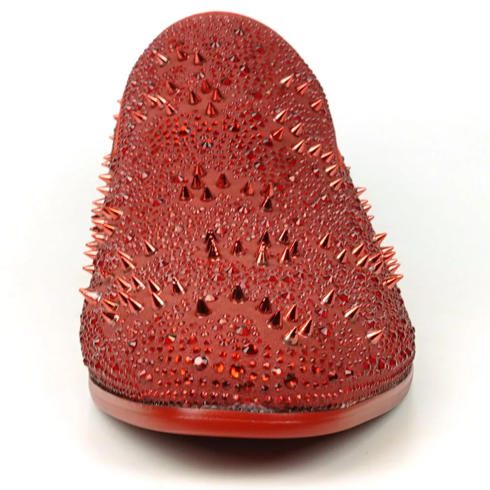 FI-7516 Red Suede Rhinestones Spikes Slip on Loafer Fiesso by Aurelio Garcia