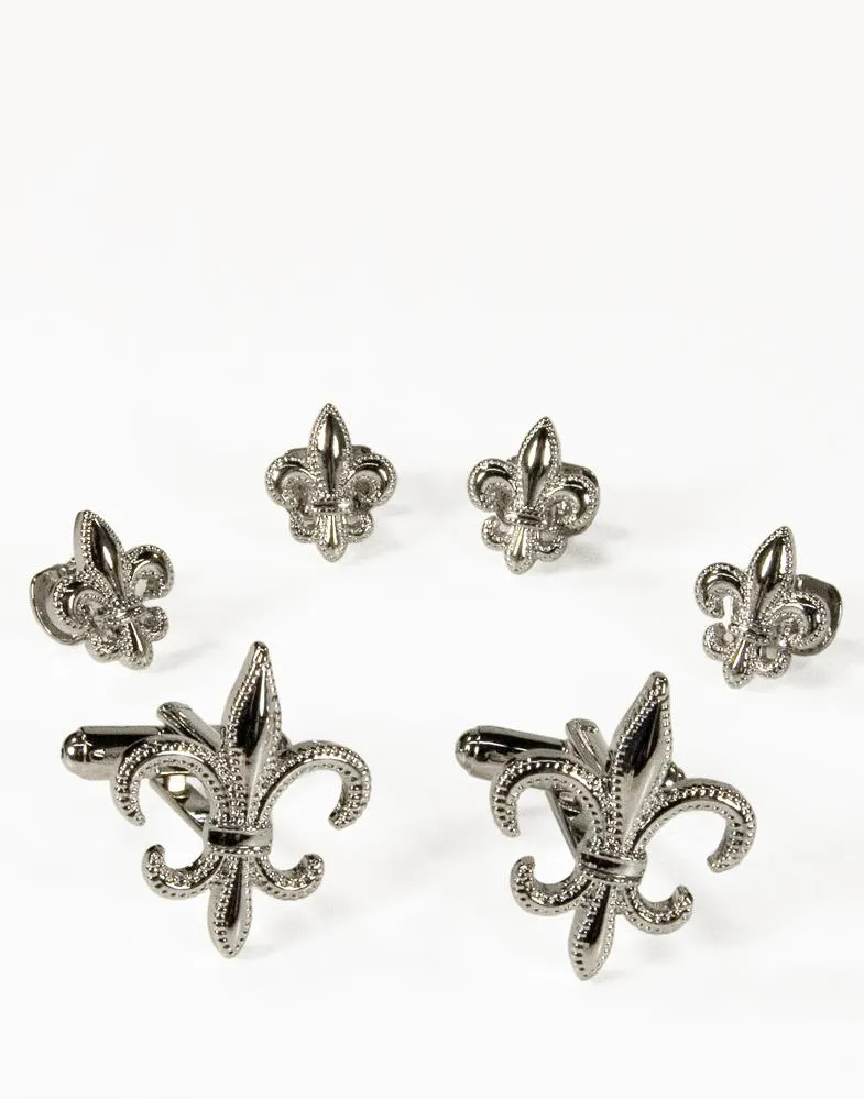 Fleur de Lis Silver Studs and Cufflinks Set