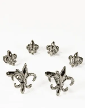 Fleur de Lis Silver Studs and Cufflinks Set