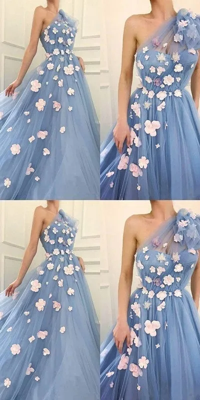 Floral Blue A-line One Shoulder Cheap Long Prom Dresses Online,12604