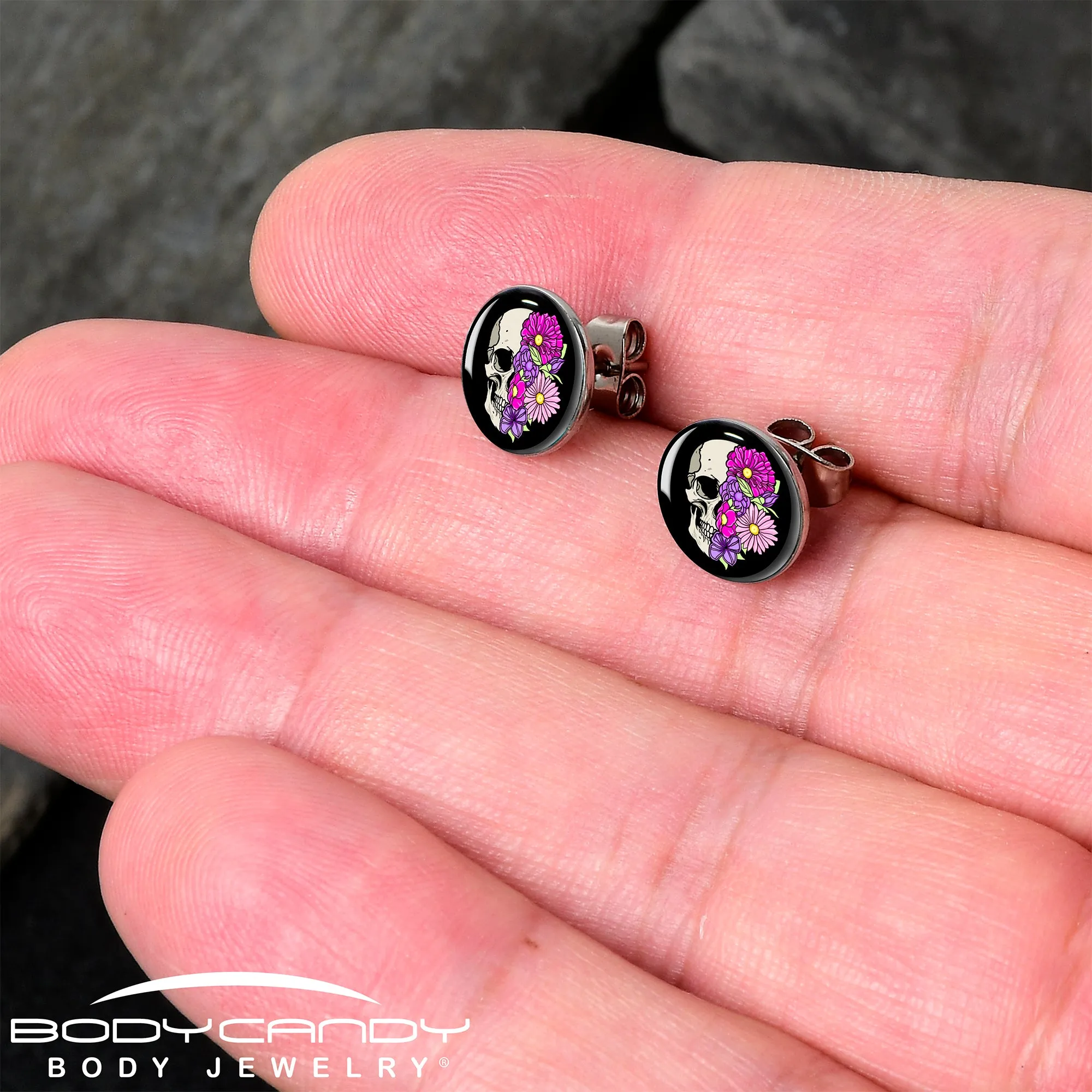Floral Flowers Skull Stud Earrings