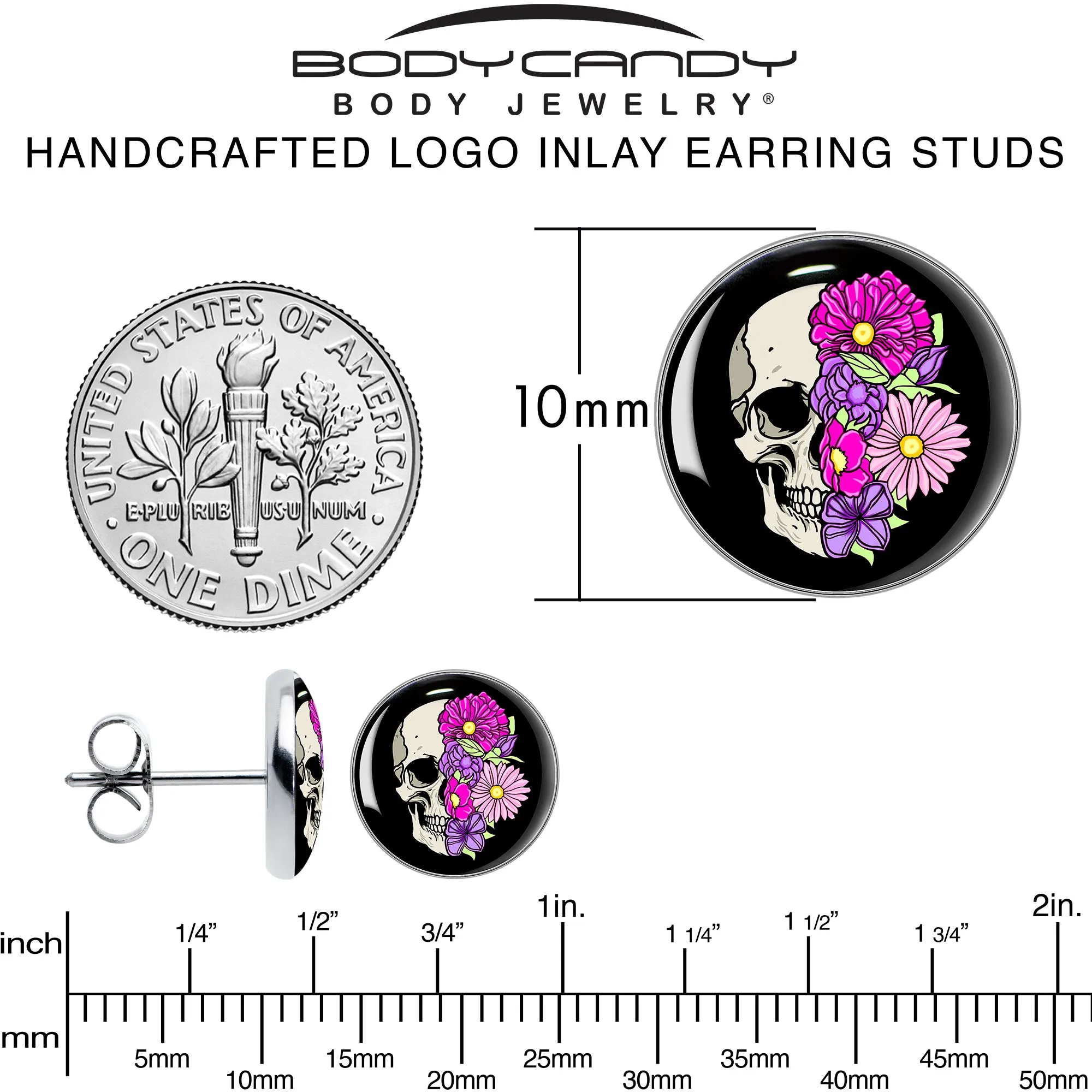 Floral Flowers Skull Stud Earrings