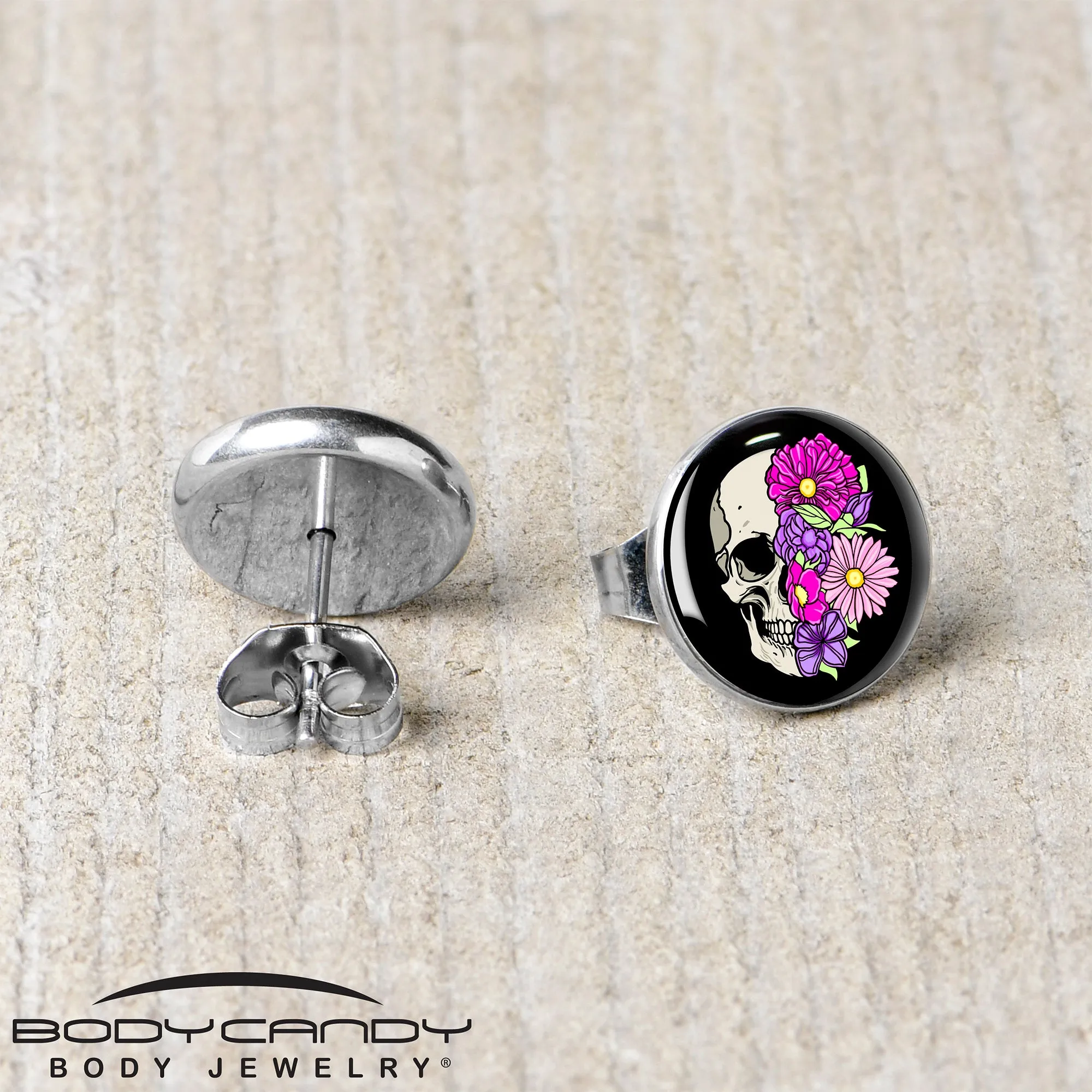 Floral Flowers Skull Stud Earrings