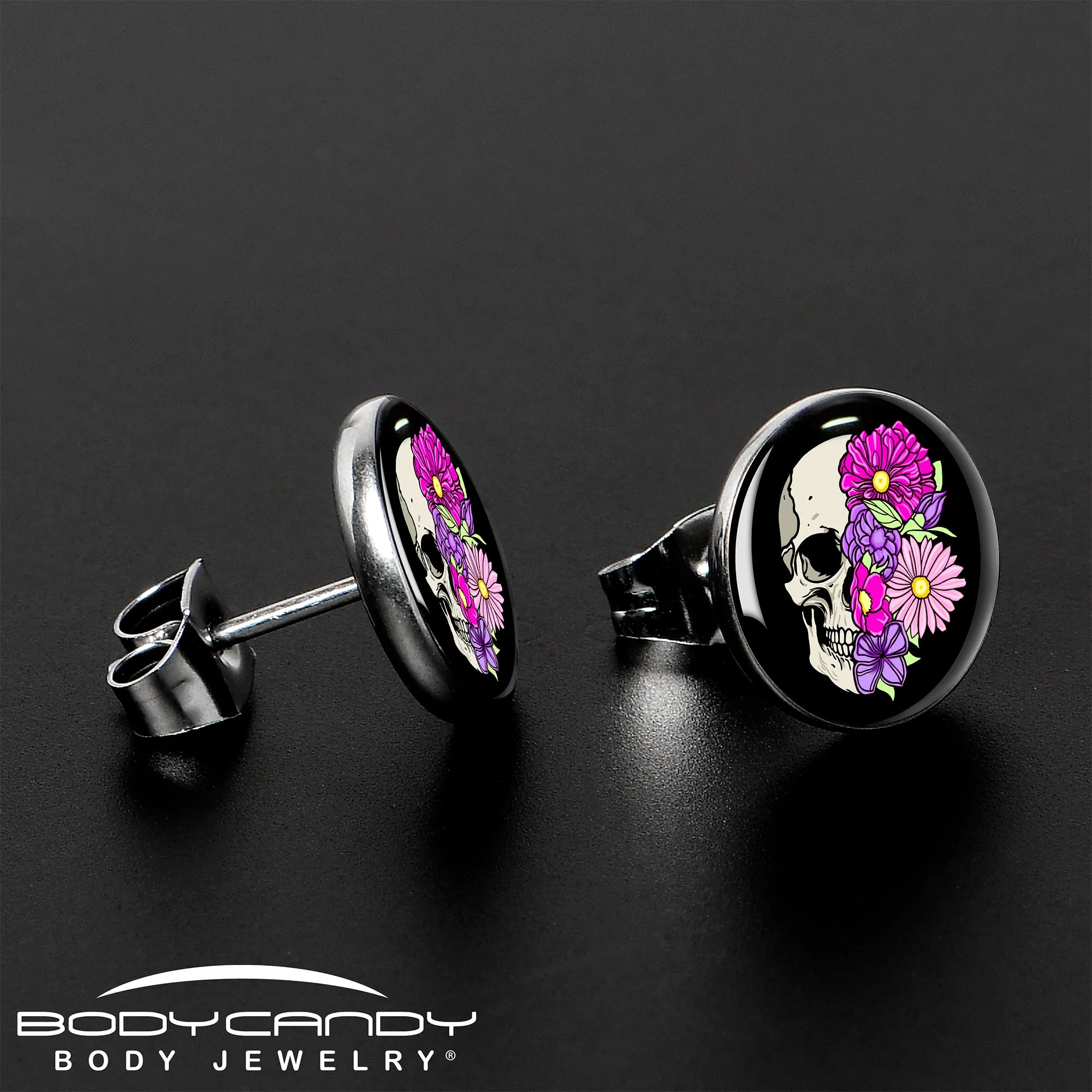 Floral Flowers Skull Stud Earrings
