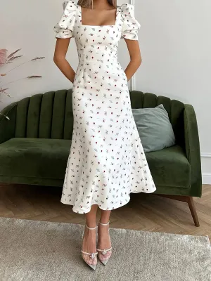 Floral Puff Sleeve Tea Dress for Weddings