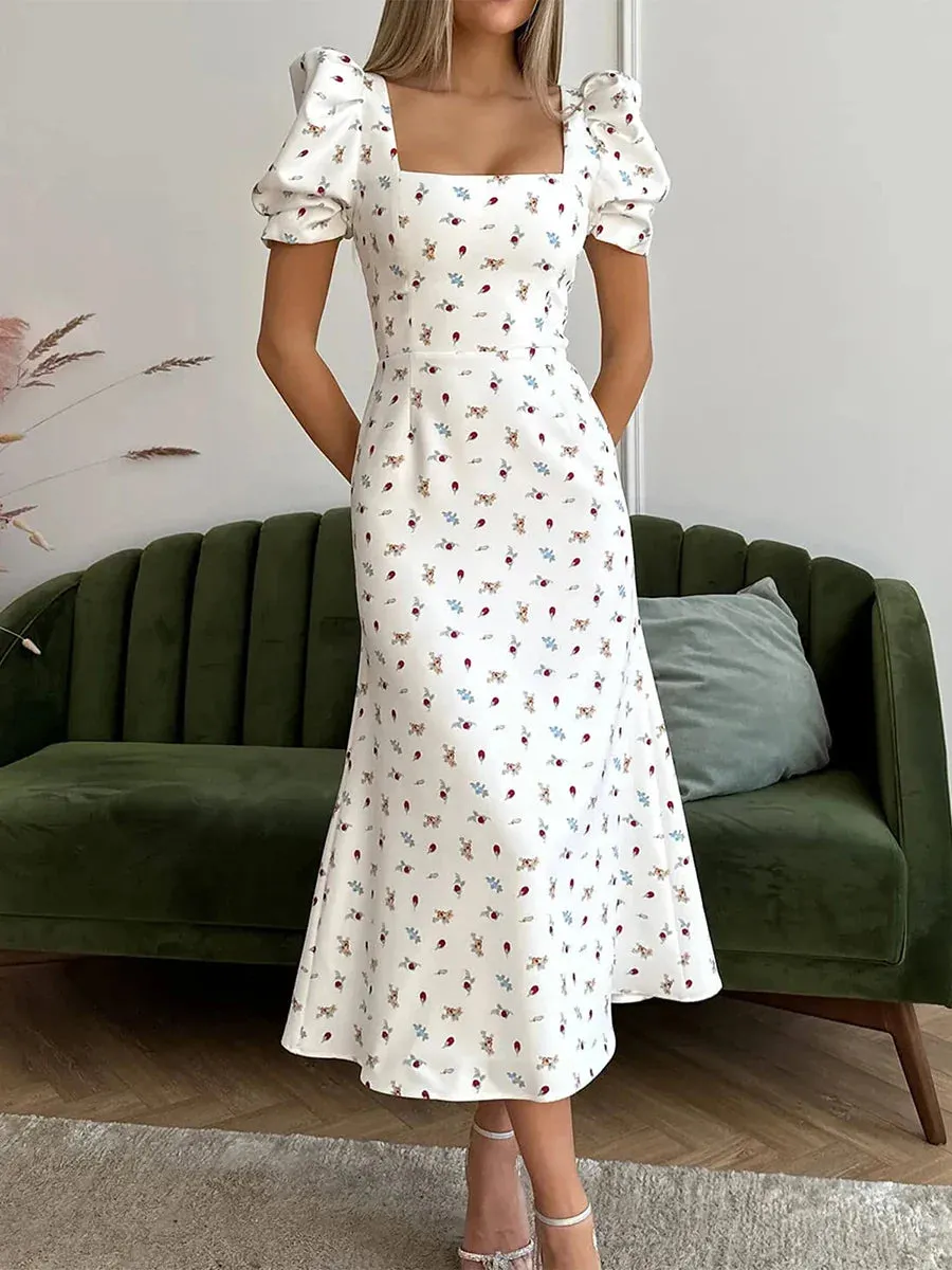 Floral Puff Sleeve Tea Dress for Weddings