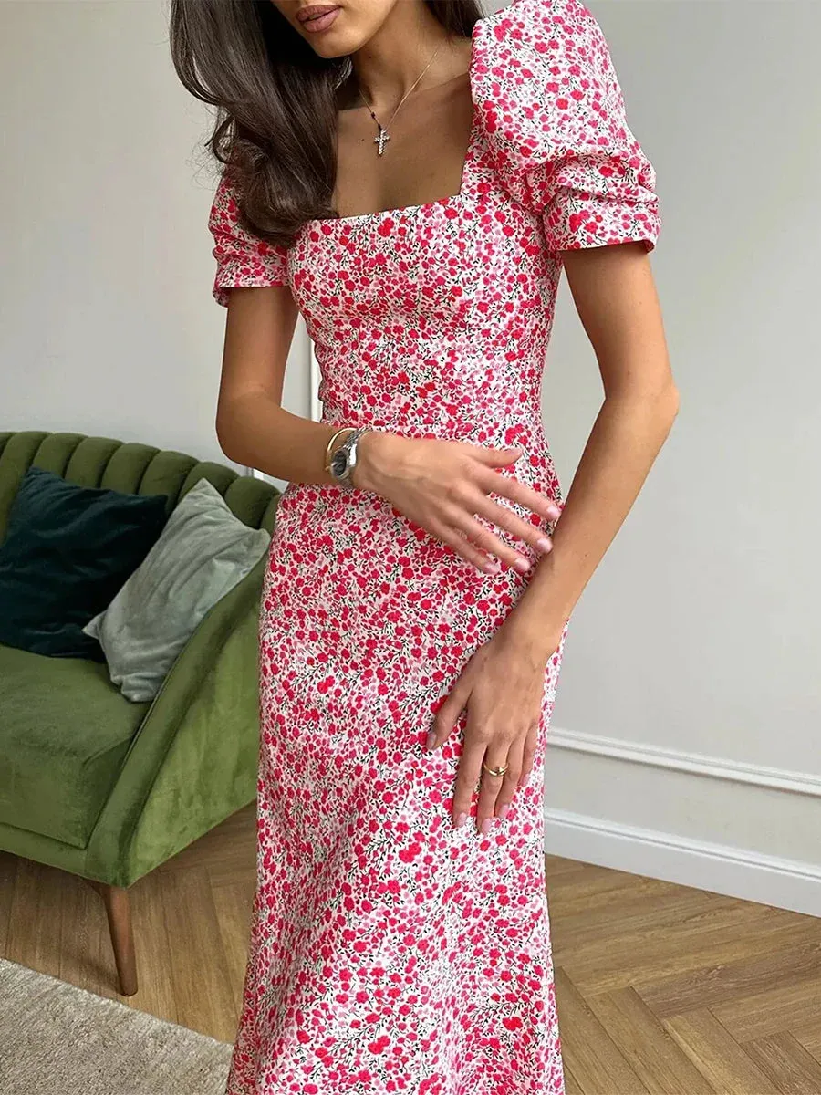 Floral Puff Sleeve Tea Dress for Weddings