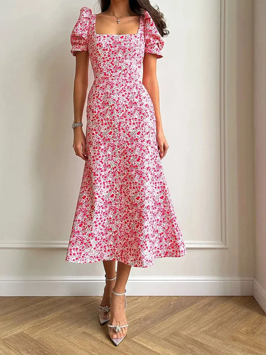 Floral Puff Sleeve Tea Dress for Weddings