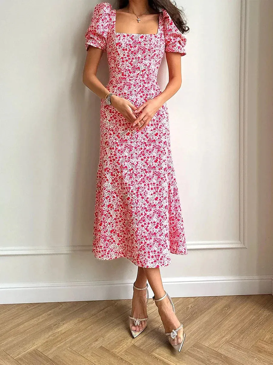 Floral Puff Sleeve Tea Dress for Weddings