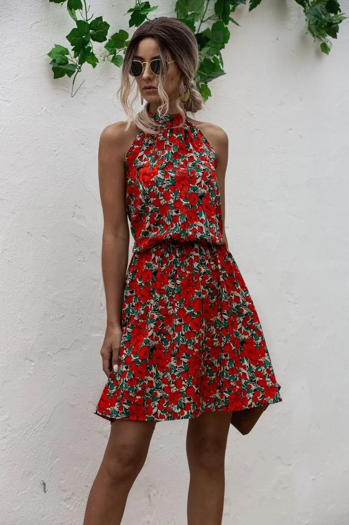 Floral Yellow Bohemian Boho Printed Hanging Neck Straps Mini Dresses