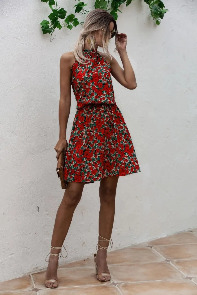 Floral Yellow Bohemian Boho Printed Hanging Neck Straps Mini Dresses