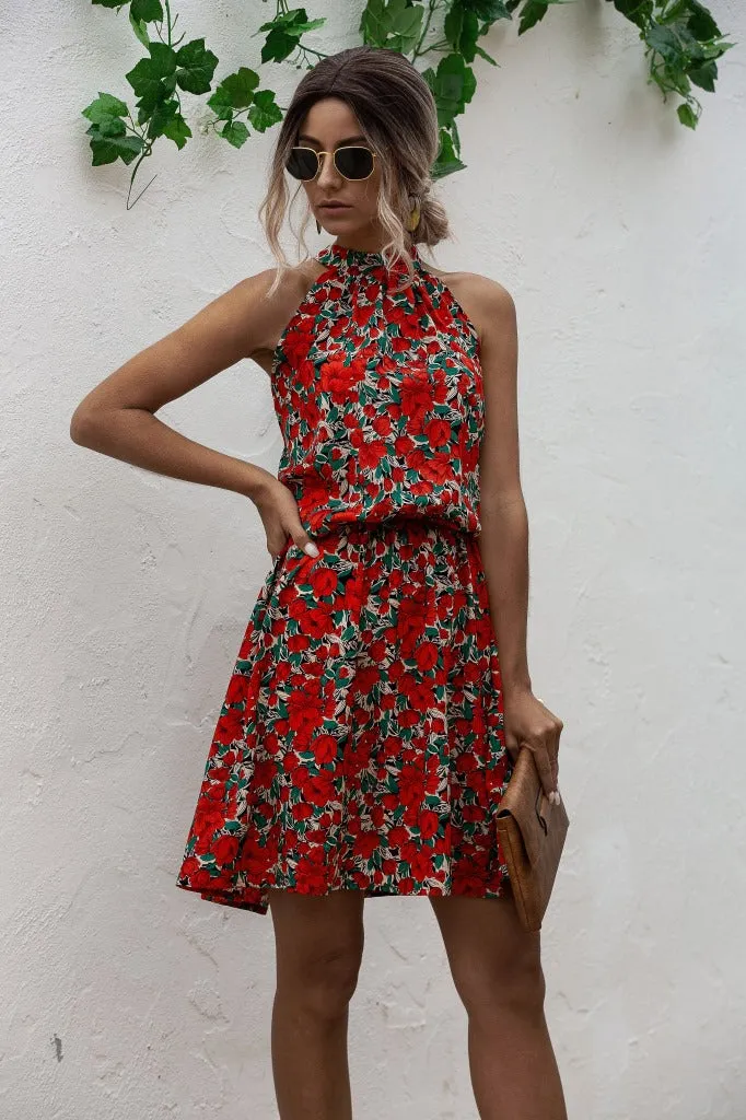 Floral Yellow Bohemian Boho Printed Hanging Neck Straps Mini Dresses