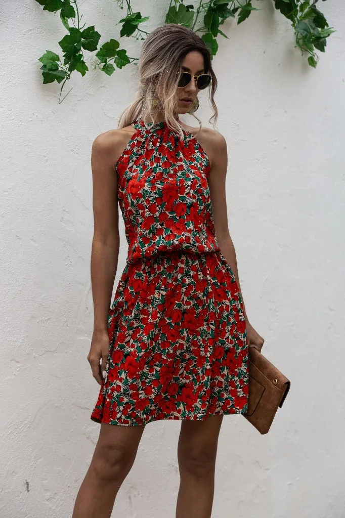 Floral Yellow Bohemian Boho Printed Hanging Neck Straps Mini Dresses