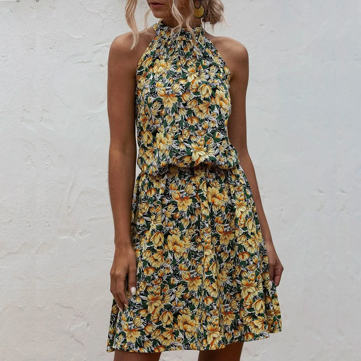 Floral Yellow Bohemian Boho Printed Hanging Neck Straps Mini Dresses