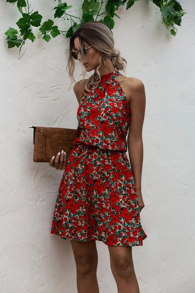 Floral Yellow Bohemian Boho Printed Hanging Neck Straps Mini Dresses