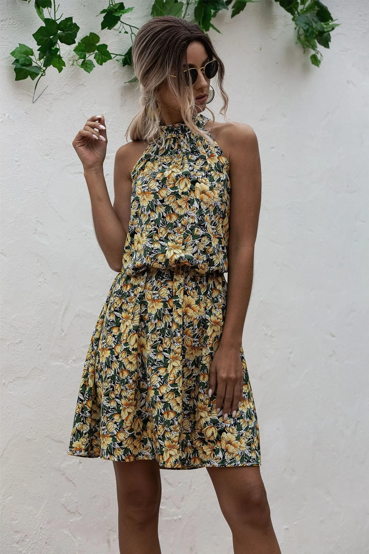 Floral Yellow Bohemian Boho Printed Hanging Neck Straps Mini Dresses