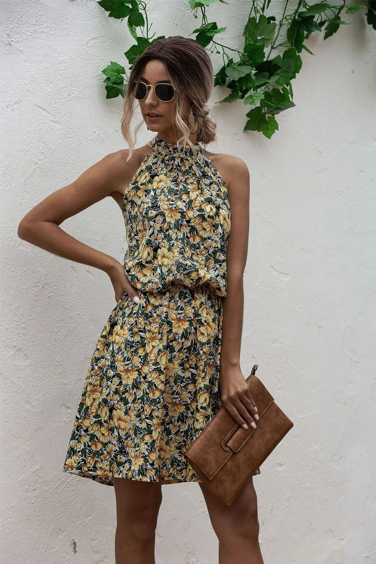 Floral Yellow Bohemian Boho Printed Hanging Neck Straps Mini Dresses