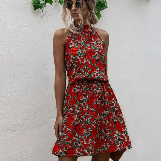 Floral Yellow Bohemian Boho Printed Hanging Neck Straps Mini Dresses