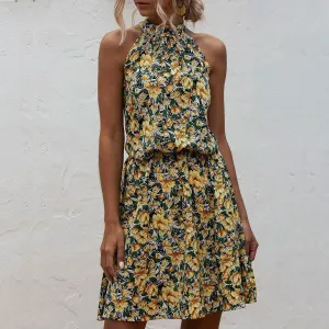 Floral Yellow Bohemian Boho Printed Hanging Neck Straps Mini Dresses