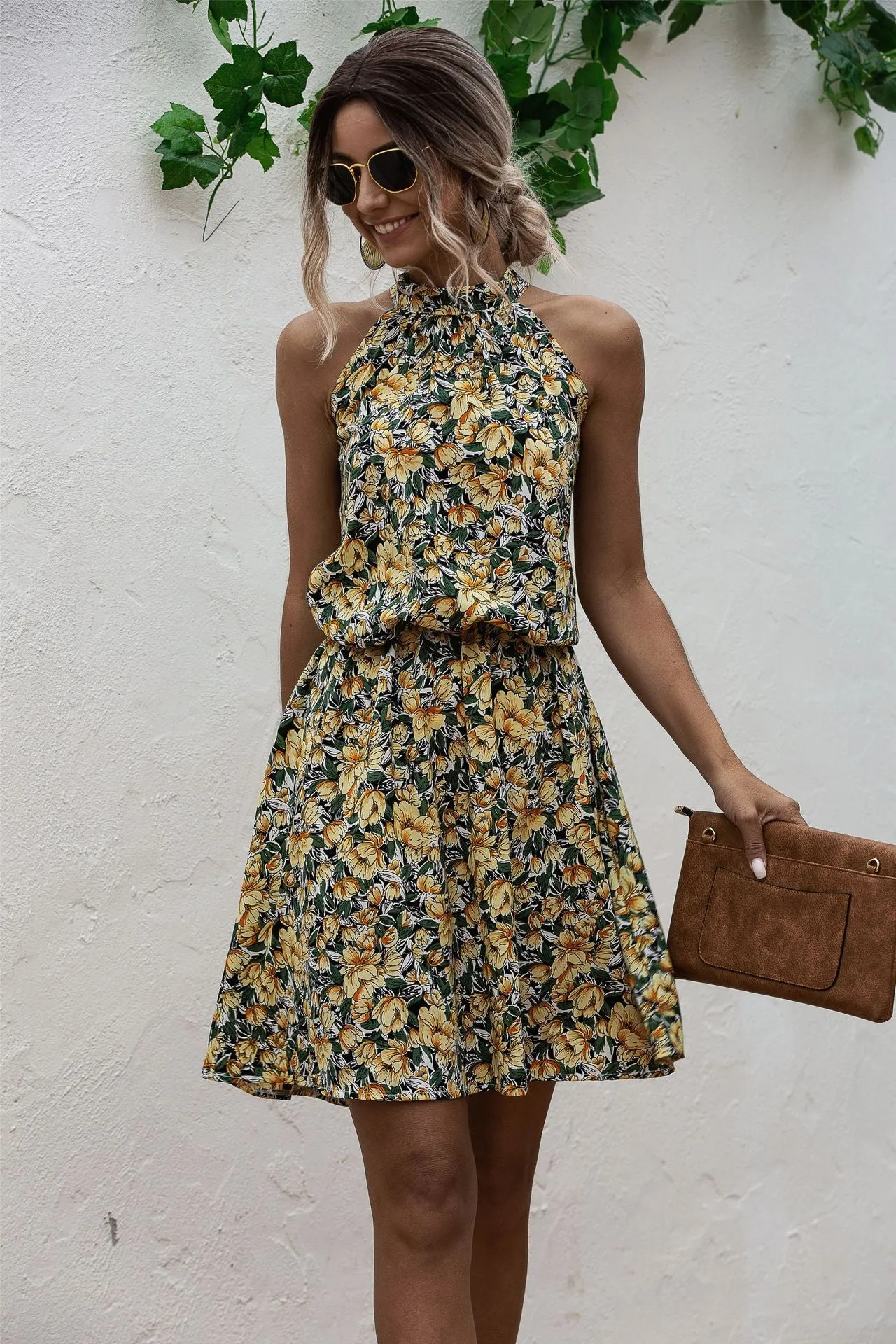 Floral Yellow Bohemian Boho Printed Hanging Neck Straps Mini Dresses