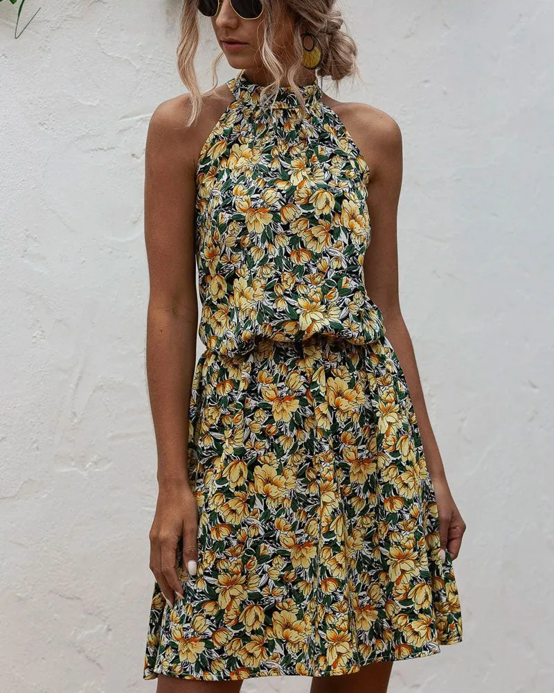 Floral Yellow Bohemian Boho Printed Hanging Neck Straps Mini Dresses
