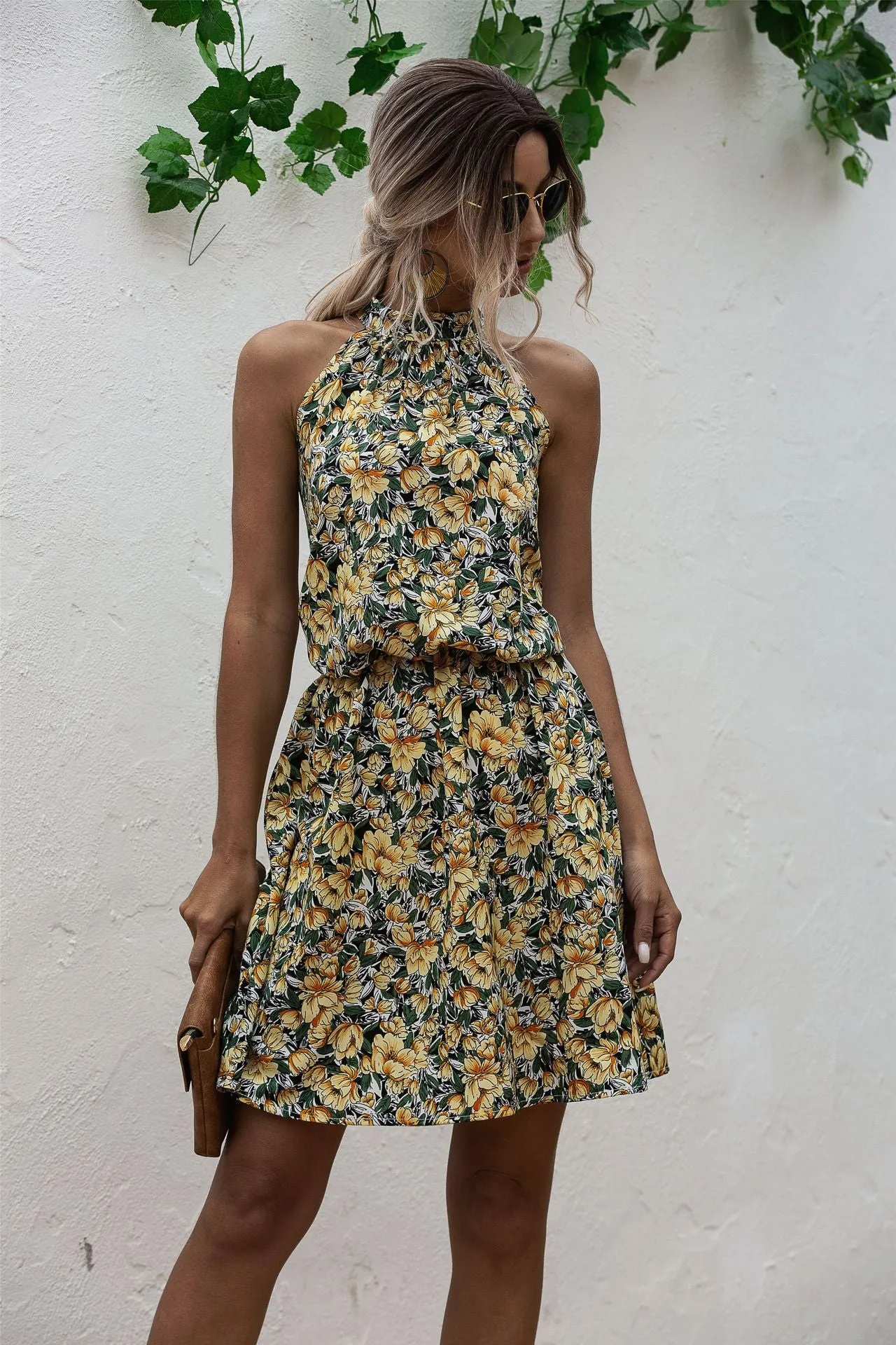 Floral Yellow Bohemian Boho Printed Hanging Neck Straps Mini Dresses