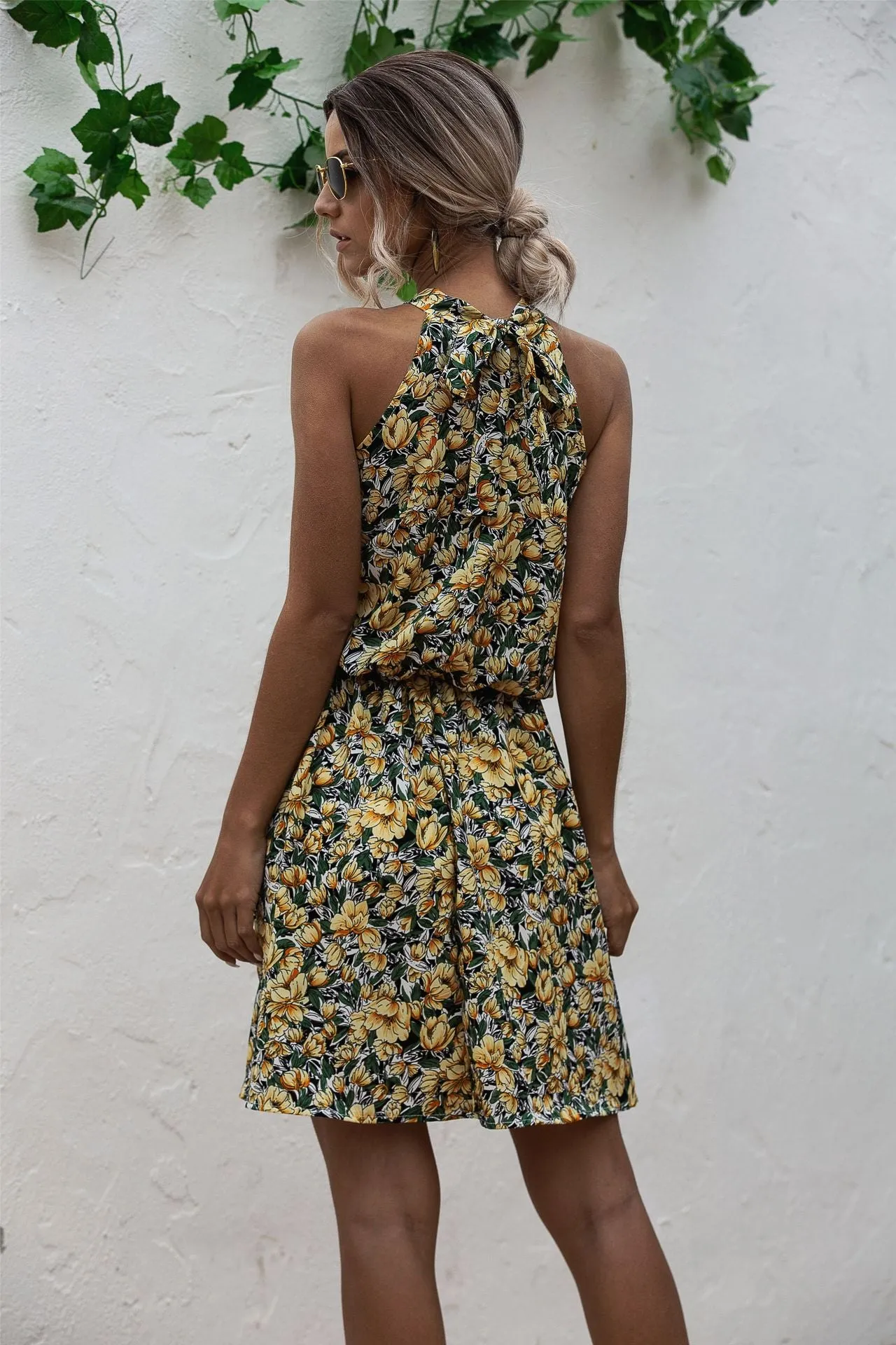 Floral Yellow Bohemian Boho Printed Hanging Neck Straps Mini Dresses