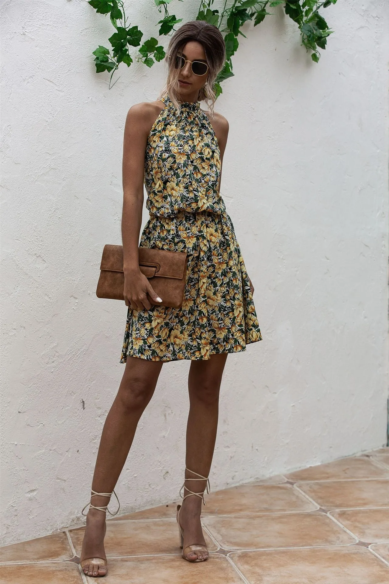 Floral Yellow Bohemian Boho Printed Hanging Neck Straps Mini Dresses