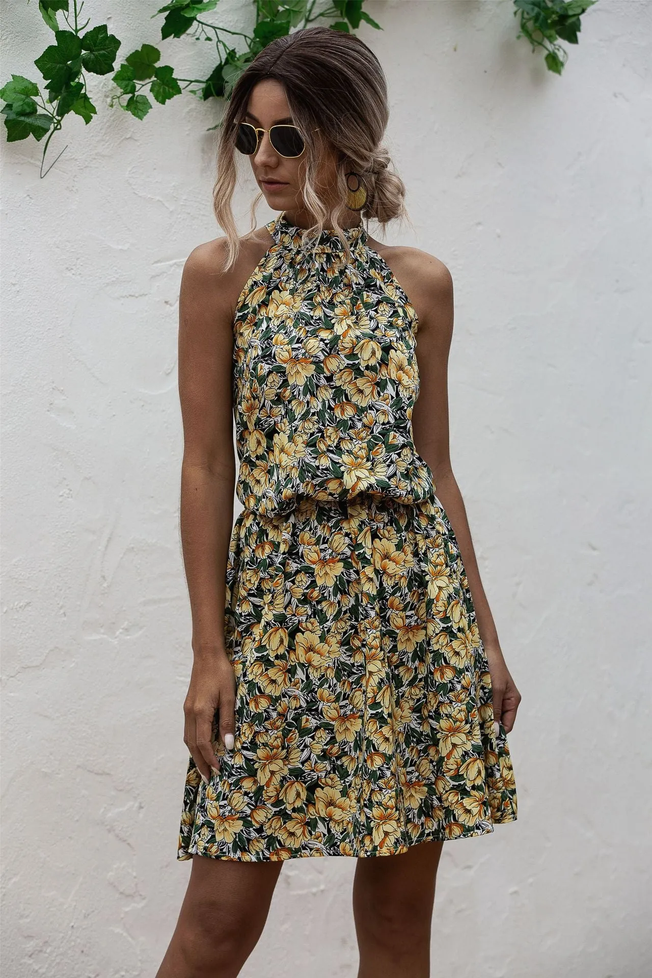 Floral Yellow Bohemian Boho Printed Hanging Neck Straps Mini Dresses