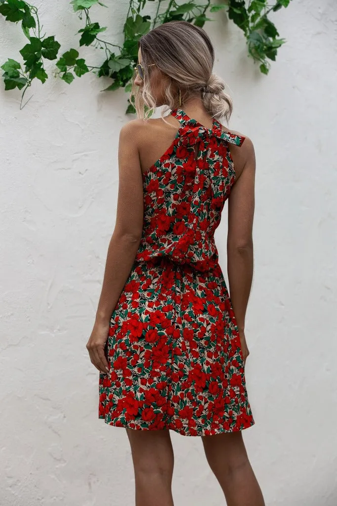 Floral Yellow Bohemian Boho Printed Hanging Neck Straps Mini Dresses