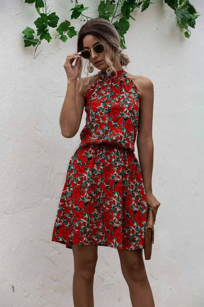 Floral Yellow Bohemian Boho Printed Hanging Neck Straps Mini Dresses