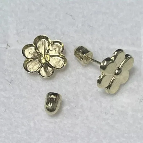 Flower 14K Solid Yellow Gold Stud Earrings Safety backing